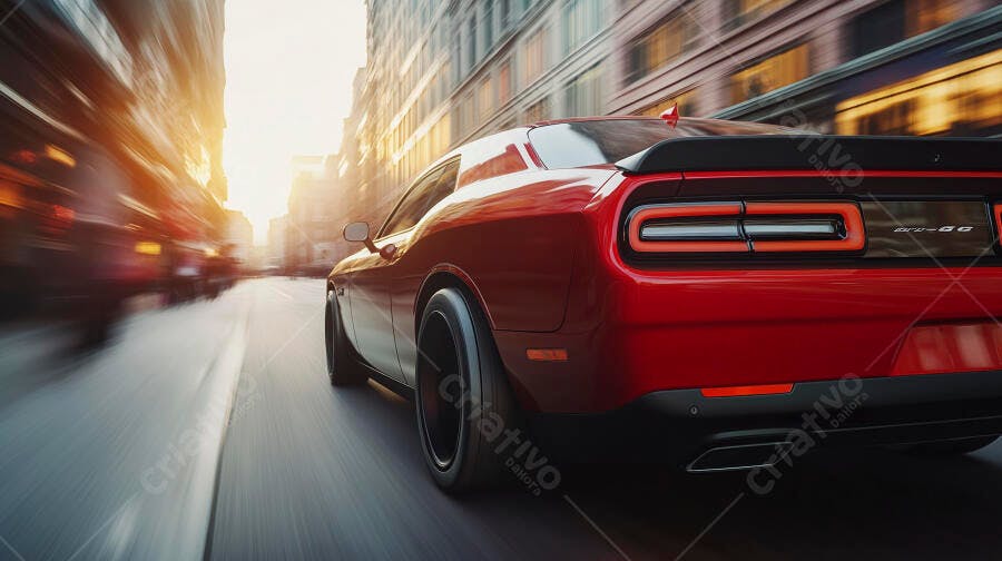 Carro esportivo vermelho dirigindo rápido em rua de cidade ao pôr do sol
