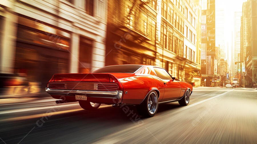 Carro muscle vermelho clássico em alta velocidade na cidade ao pôr do sol