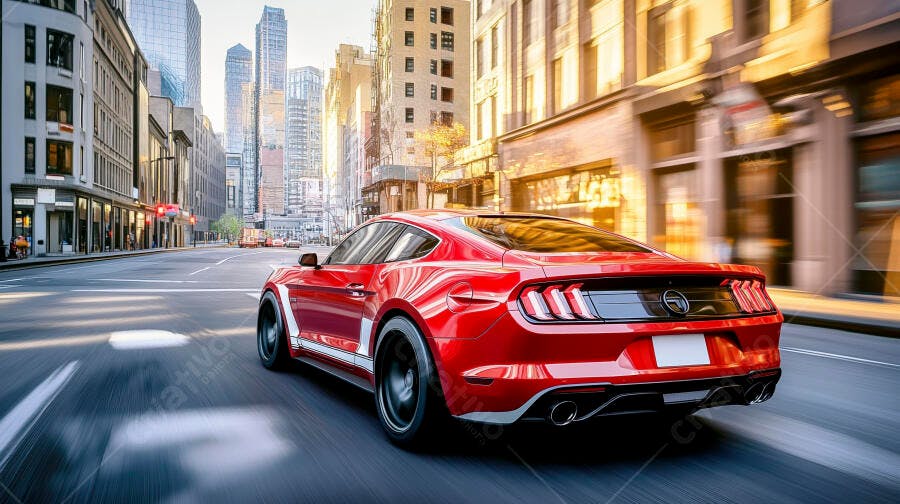 Ford Mustang esportivo vermelho dirigindo em rua de cidade grande ao entardecer
