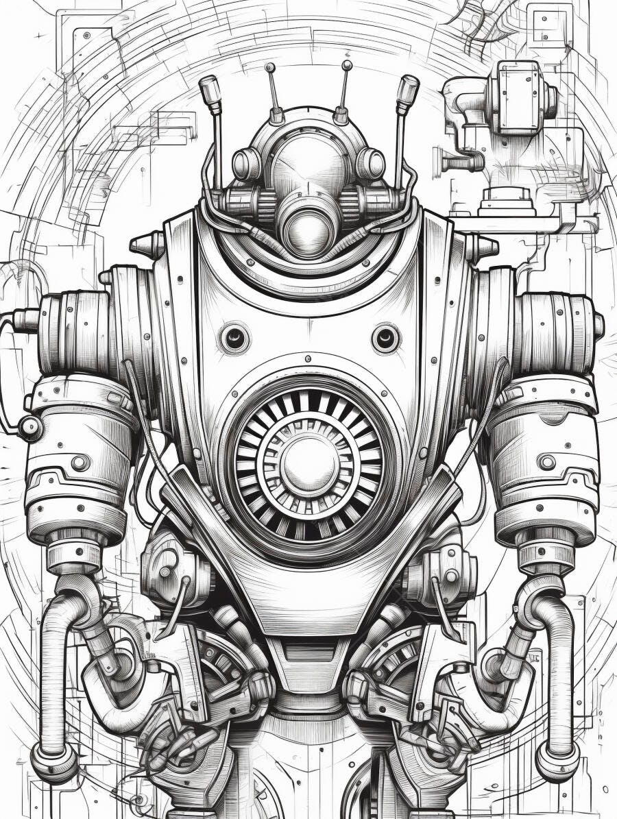 Robô mecânico detalhado ilustração preto e branco estilo steampunk complexo