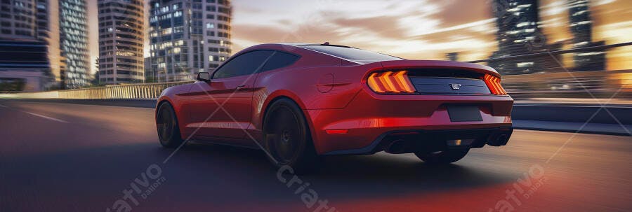 Mustang vermelho esportivo em alta velocidade na cidade ao pôr do sol