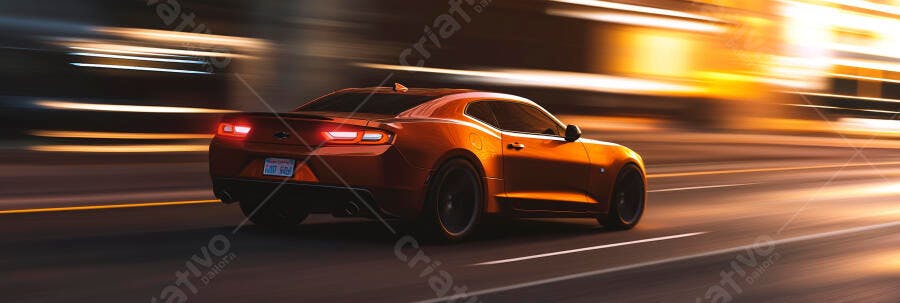 Carro esportivo laranja bronze em movimento rápido na estrada noturna