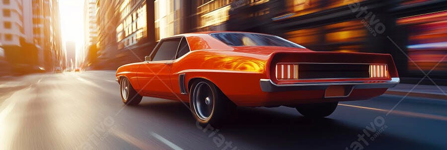 Carro clássico laranja em alta velocidade na rua da cidade ao pôr do sol