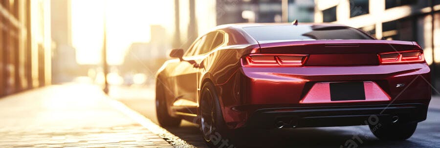 Carro esportivo vermelho em rua urbana com pôr do sol dourado