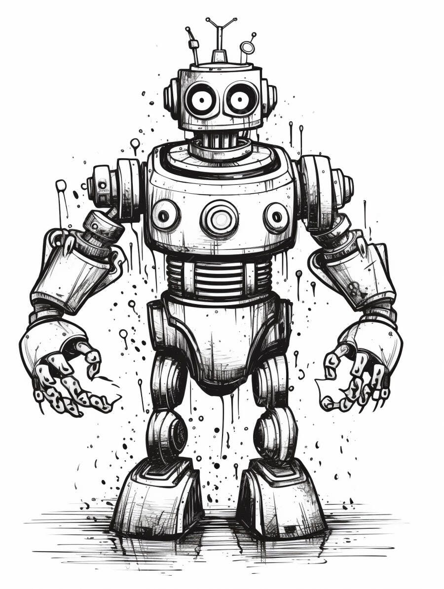 Robô vintage desenho preto e branco estilo cartoon grunge