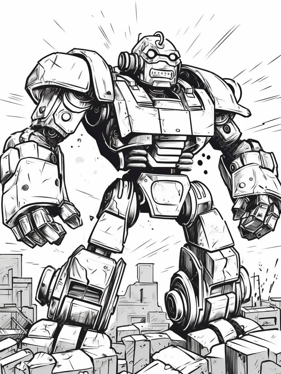 Robô gigante mecha em ruínas de cidade estilo quadrinhos preto e branco