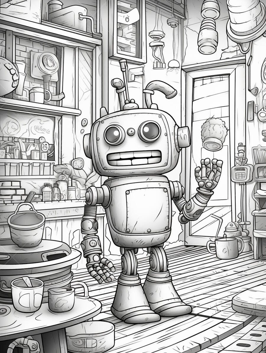 Robô amigável sorrindo em cozinha bagunçada desenho preto e branco