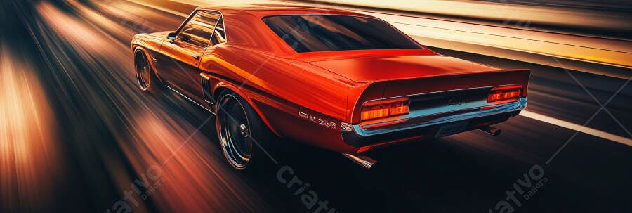 Muscle car clássico vermelho em alta velocidade na estrada noturna com luzes borradas
