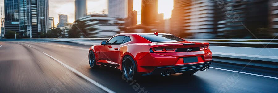 Carro esportivo vermelho em alta velocidade na estrada urbana ao pôr do sol