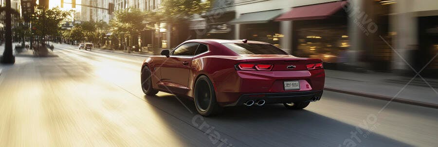 Chevrolet Camaro vermelho em movimento na avenida urbana ao por do sol
