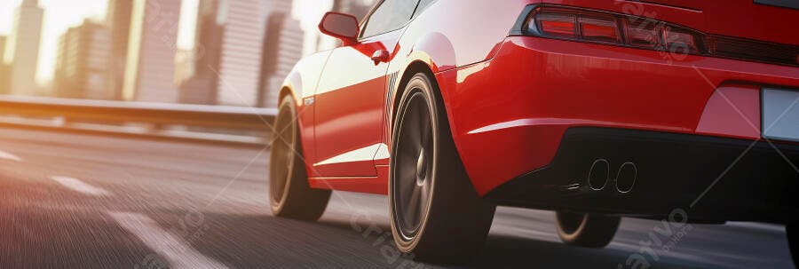 Carro esportivo vermelho em alta velocidade na cidade ao amanhecer