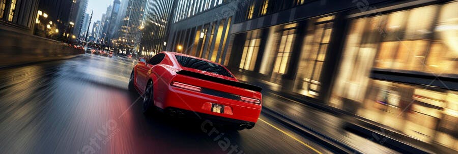 Carro esportivo vermelho em alta velocidade na rua molhada da cidade à noite
