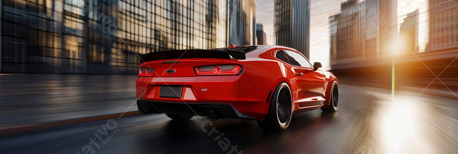 Carro esportivo vermelho em alta velocidade na cidade ao pôr do sol