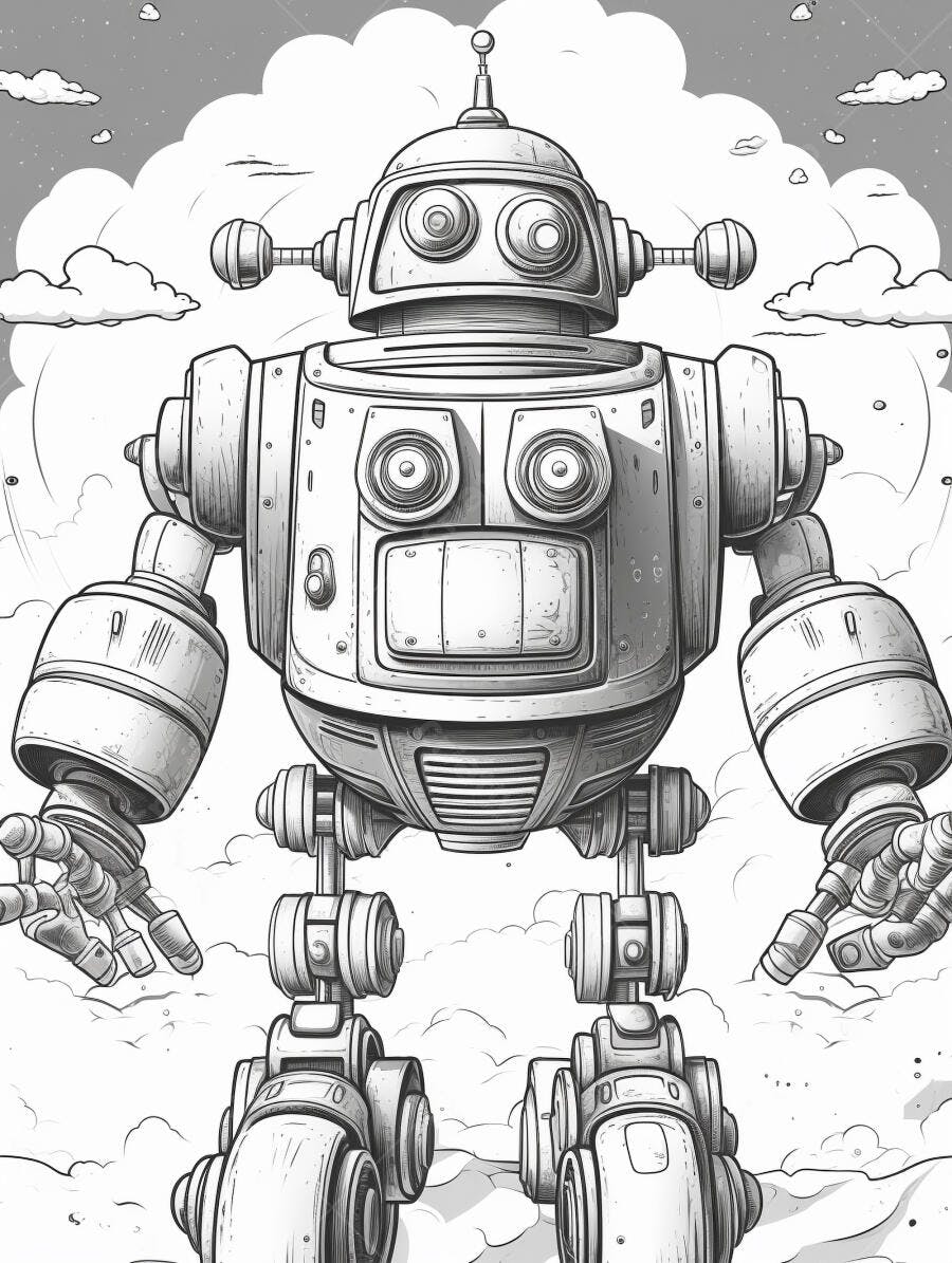 Robô vintage gigante em desenho preto e branco nas nuvens