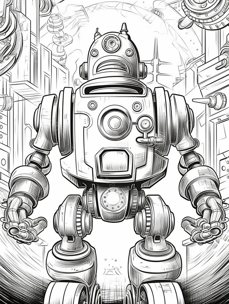 Robô mecânico futurista em cidade industrial estilo desenho para colorir