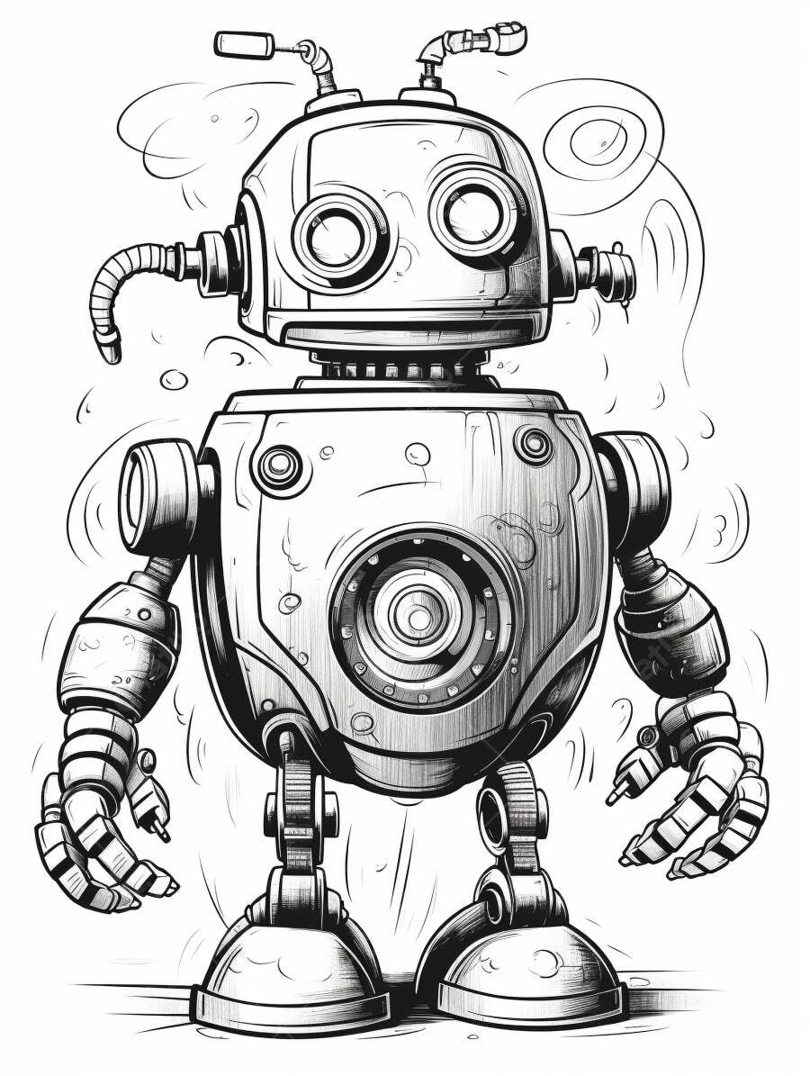 Robô vintage estilo desenho animado em preto e branco