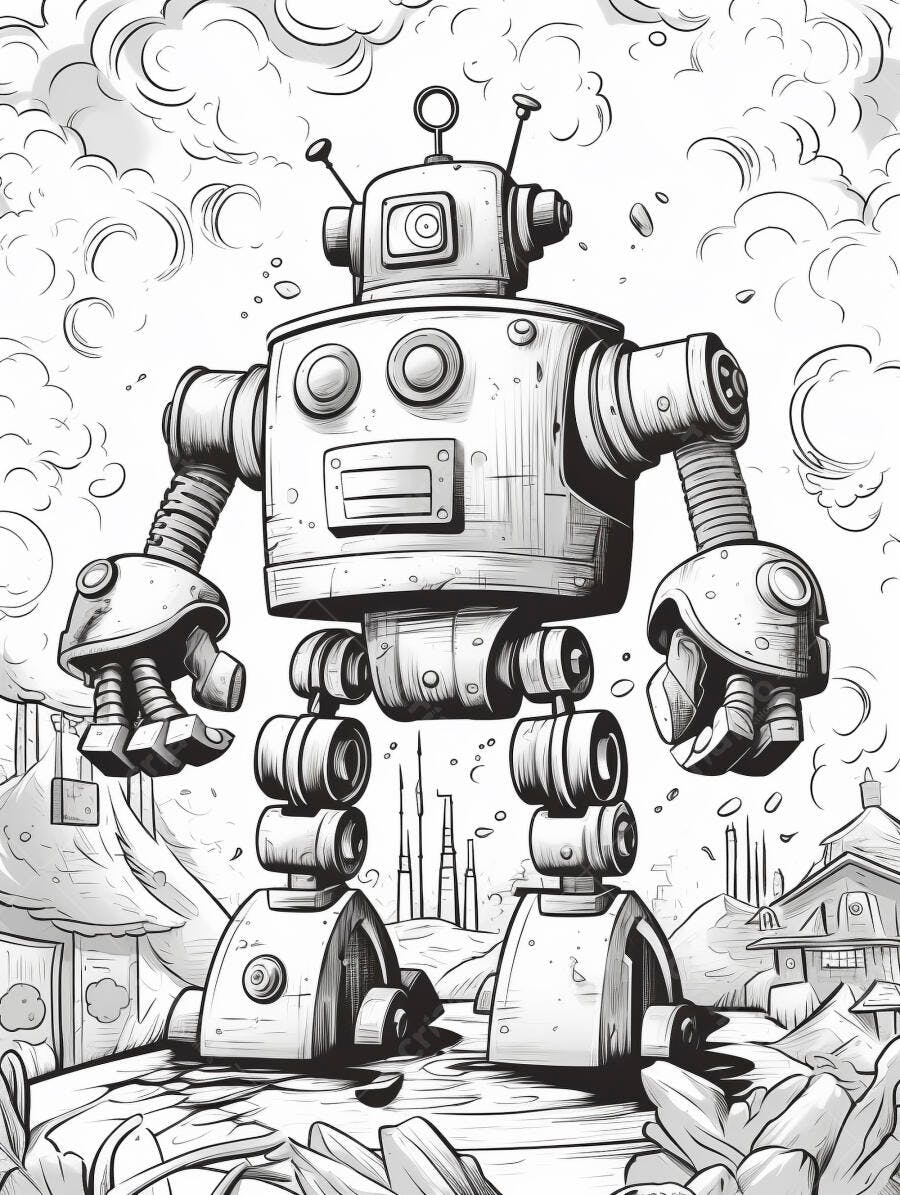Robô gigante estilo vintage em paisagem futurista com nuvens