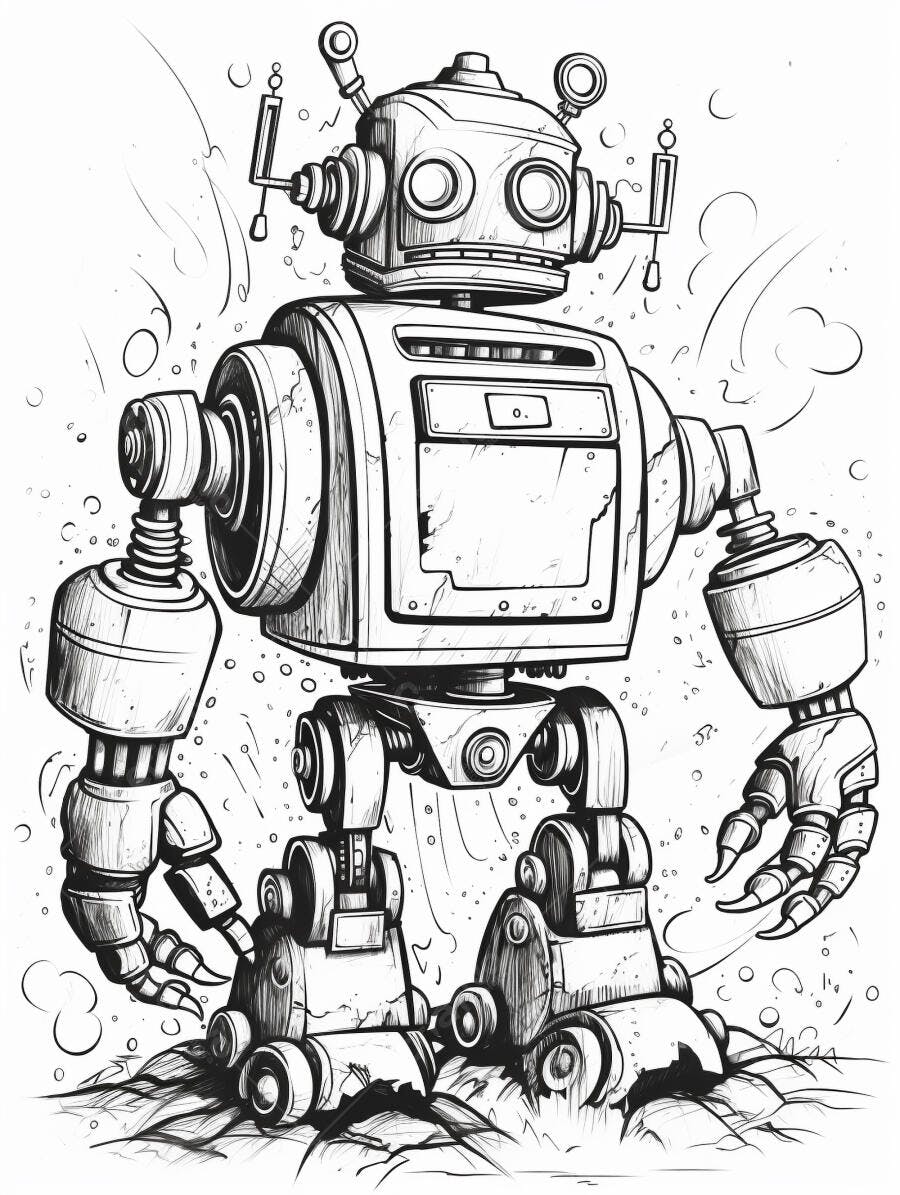 Robô ilustração preto e branco estilo vintage com grandes olhos redondos
