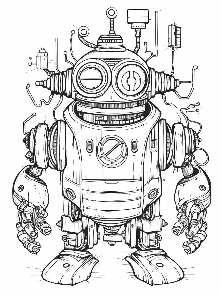 Robô estilo vintage com fios e engrenagens ilustração monocromática