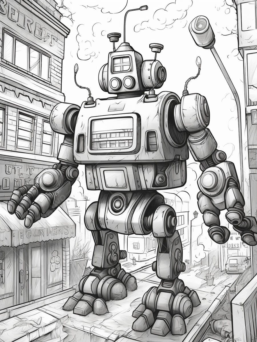 Robô gigante mecânico andando em rua movimentada da cidade ilustração preto e branco
