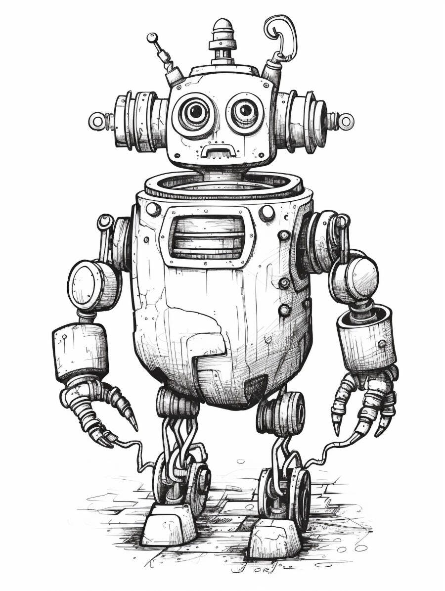 Robô vintage ilustração preto e branco com antenas e olhos grandes