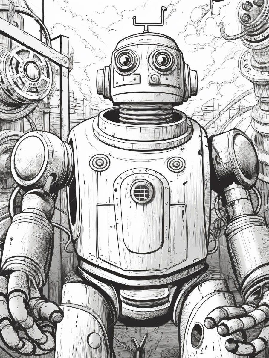 Robô vintage ilustração linha arte em cenário industrial urbano