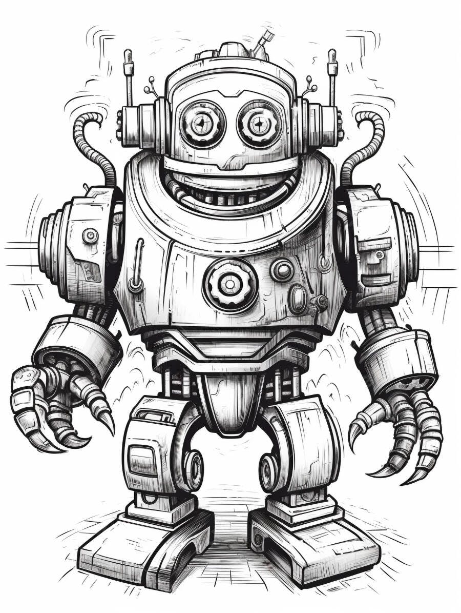 Robô amigável de desenho animado vintage em preto e branco