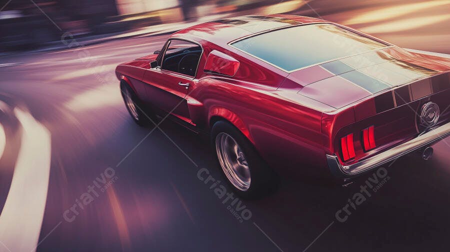 Mustang clássico vermelho em alta velocidade na estrada com pôr do sol