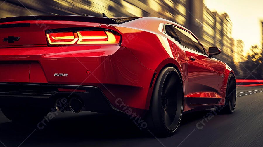 Carro esportivo Chevrolet Camaro vermelho em movimento rápido na cidade ao pôr do sol