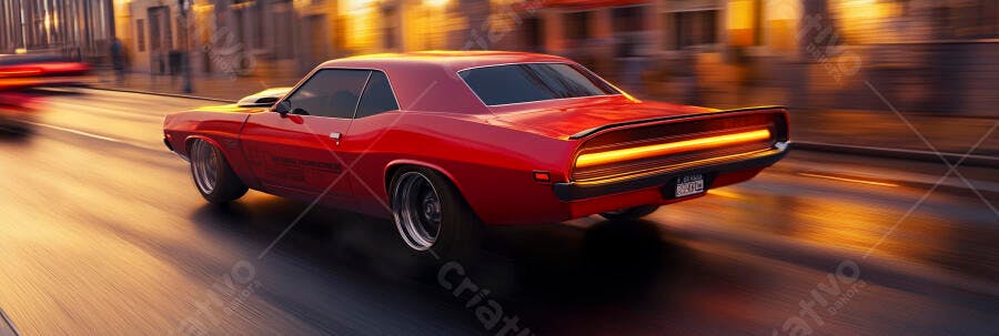Carro muscle car clássico vermelho em alta velocidade na rua da cidade ao entardecer