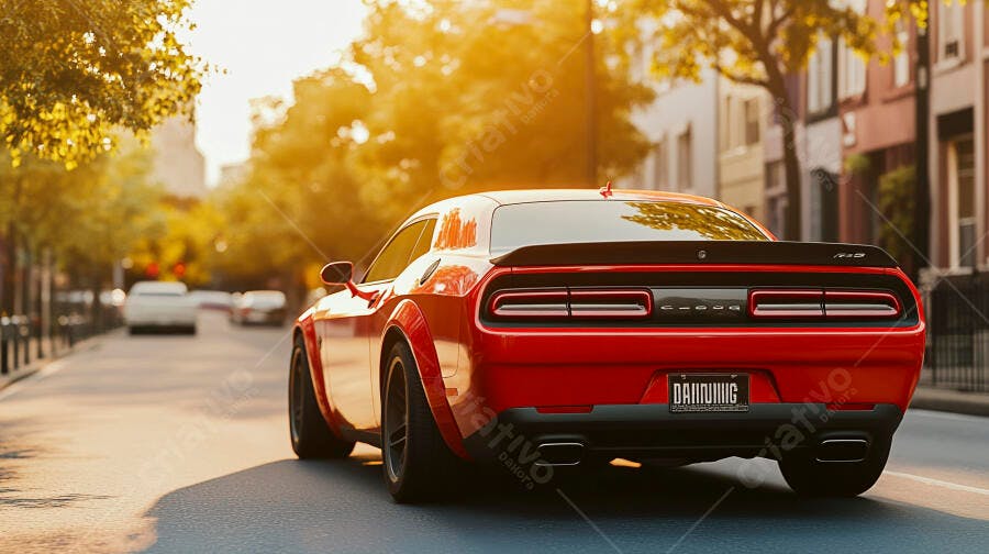 Carro esportivo vermelho em rua da cidade ao pôr do sol dourado