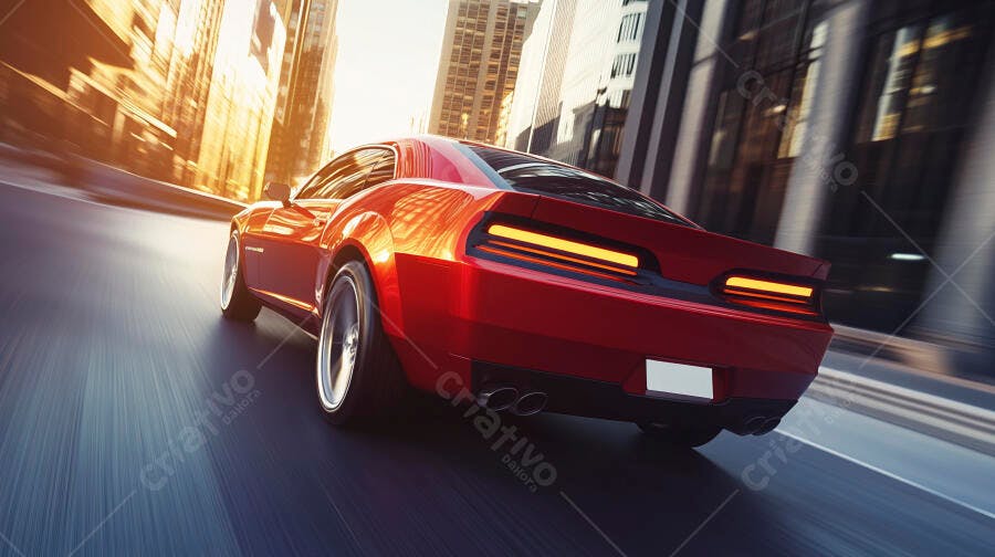 Carro esportivo vermelho em alta velocidade na cidade ao amanhecer