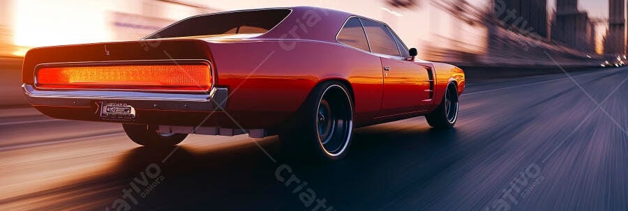 Carro muscle car clássico vermelho dirigindo rápido em estrada urbana ao pôr do sol