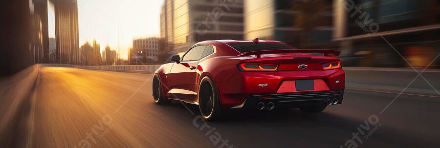 Carro esportivo vermelho dirigindo rápido na cidade ao pôr do sol