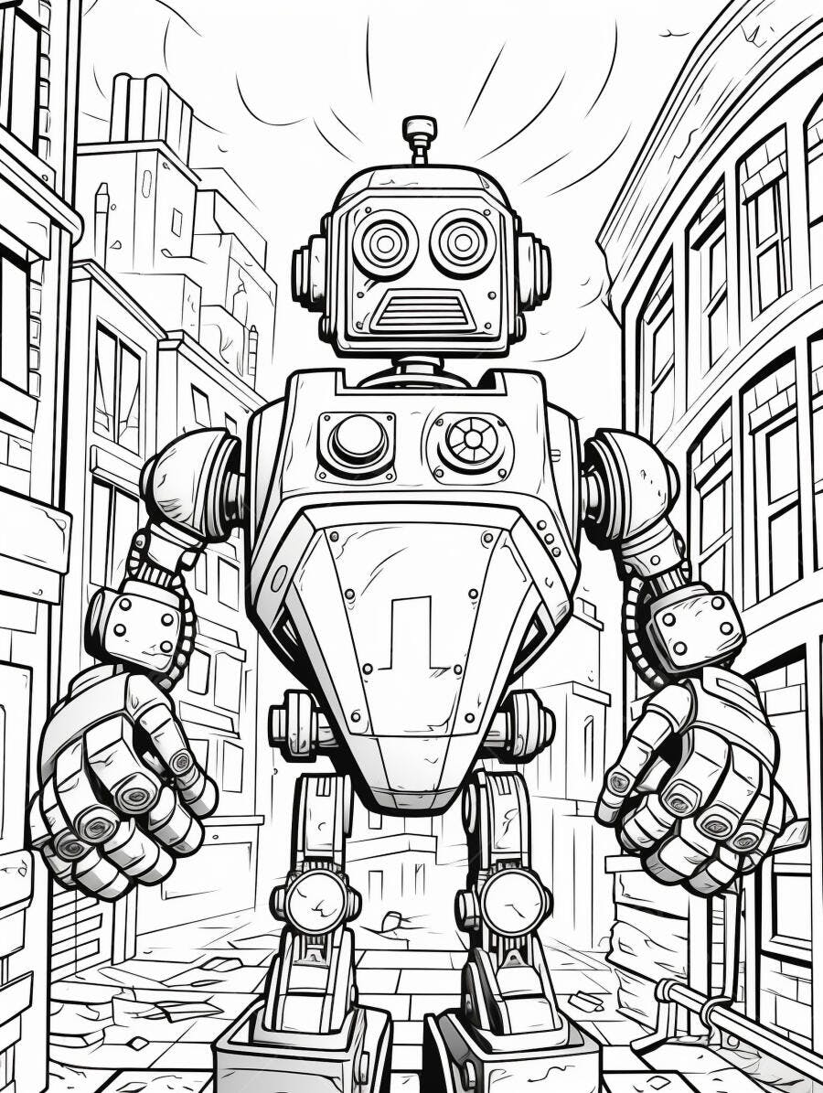 Robô gigante estilo retro em rua deserta de cidade futurista