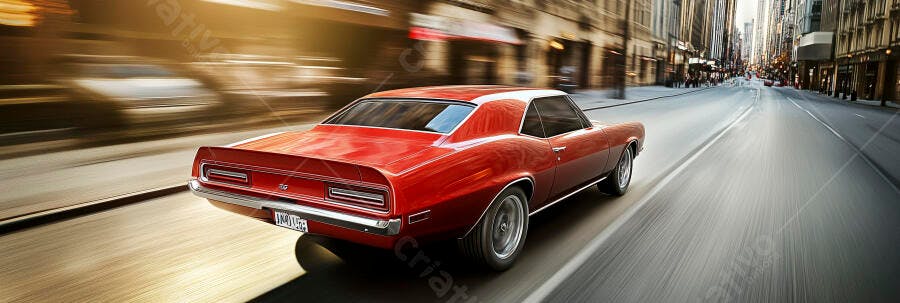 Carro esportivo vermelho clássico em alta velocidade na cidade