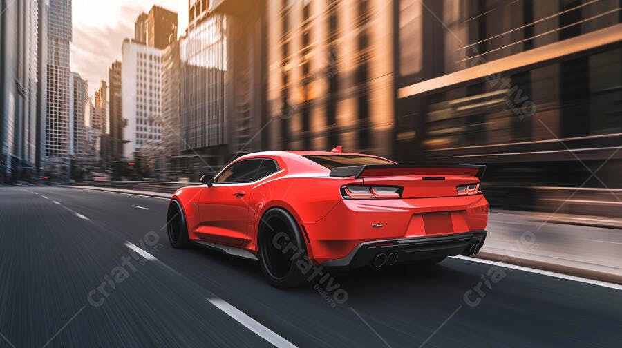 Carro esportivo vermelho Chevrolet Camaro em alta velocidade na cidade
