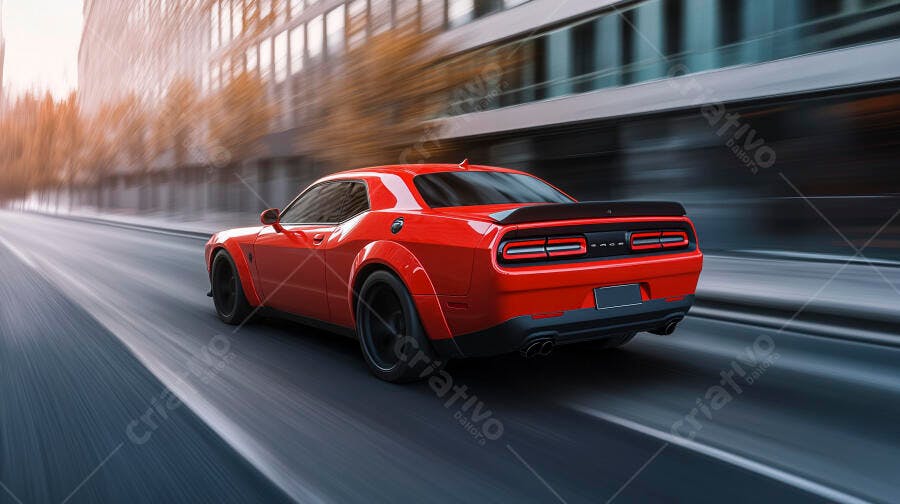 Carro muscle vermelho em alta velocidade na rua urbana moderna