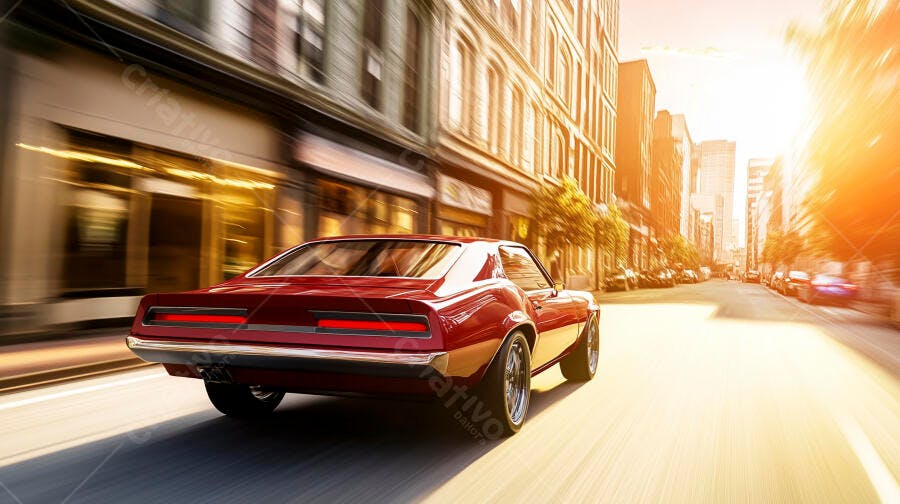 Carro clássico vermelho em alta velocidade na rua da cidade ao pôr do sol