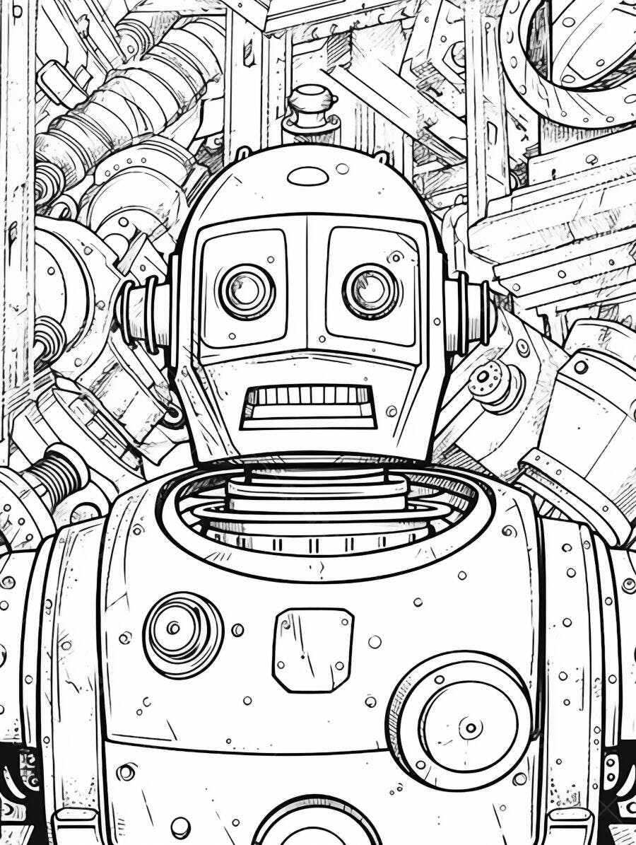 Robô estilo retrô desenho em preto e branco com fundo industrial detalhado