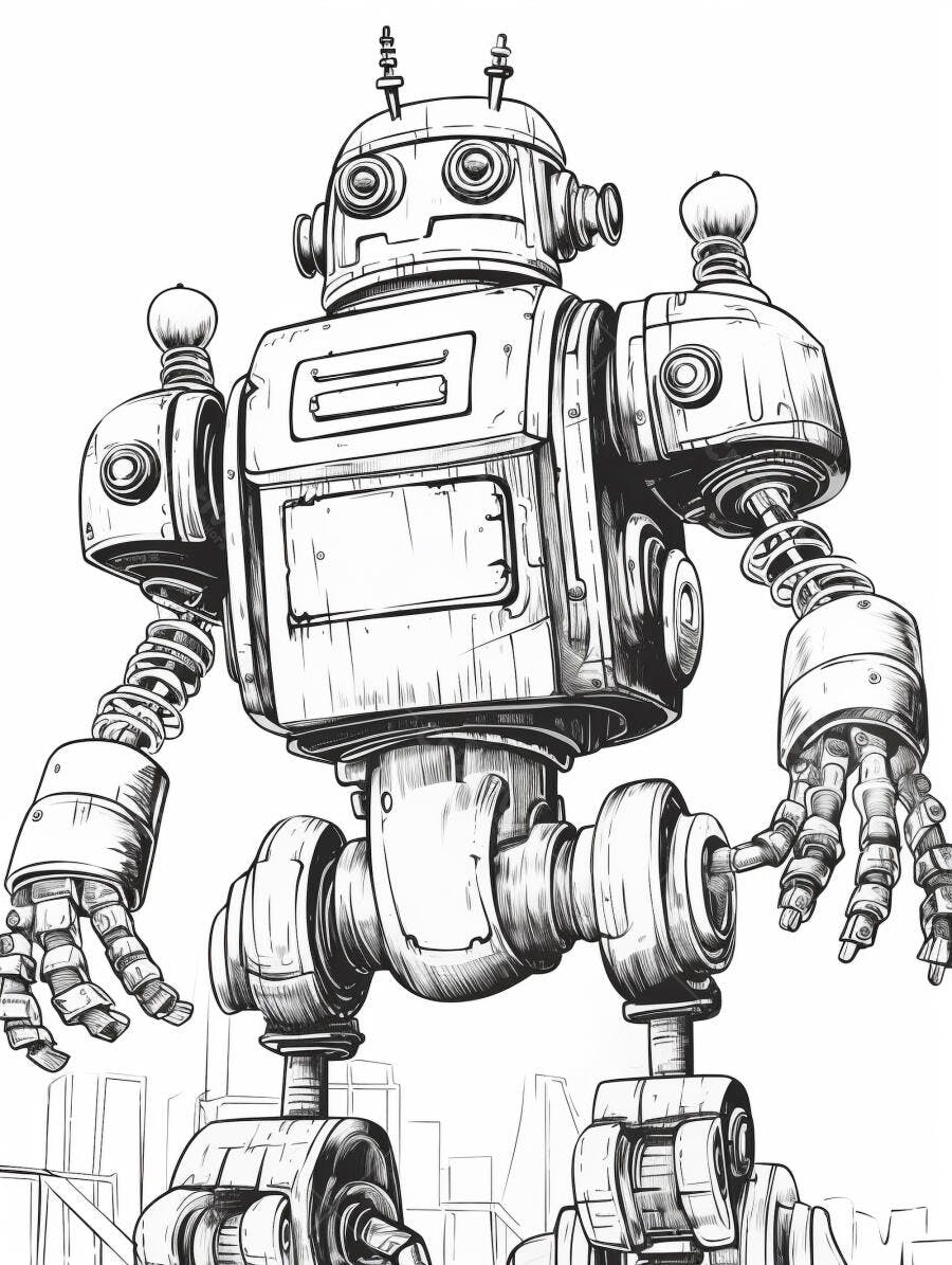 Robô vintage futurista com antenas e garras em desenho preto e branco