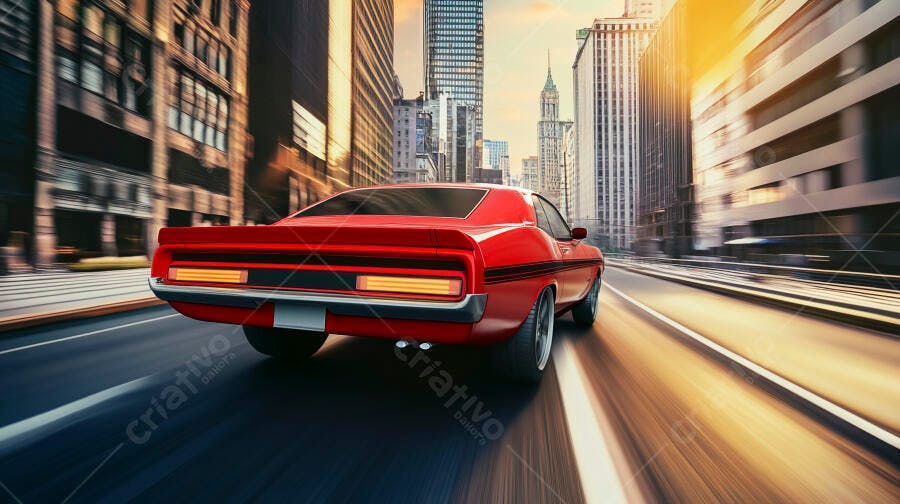 Carro esportivo vermelho em alta velocidade na avenida urbana ao por do sol