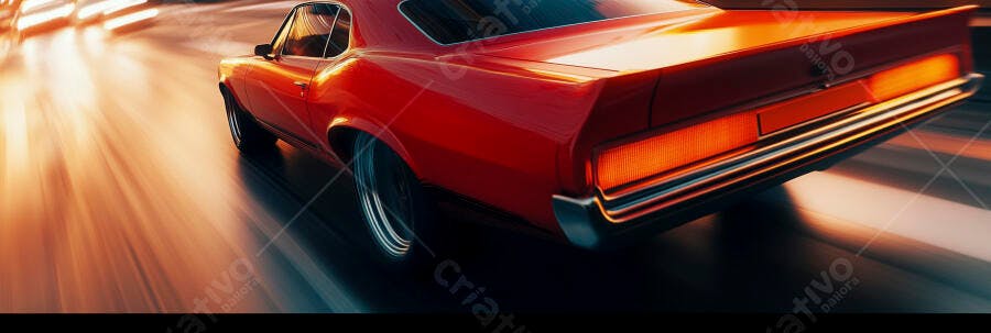 Carro muscle vintage vermelho em alta velocidade com rastro de luz noturno