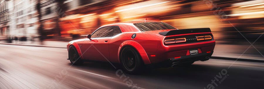 Carro esportivo vermelho em alta velocidade na rua urbana com desfoque de movimento