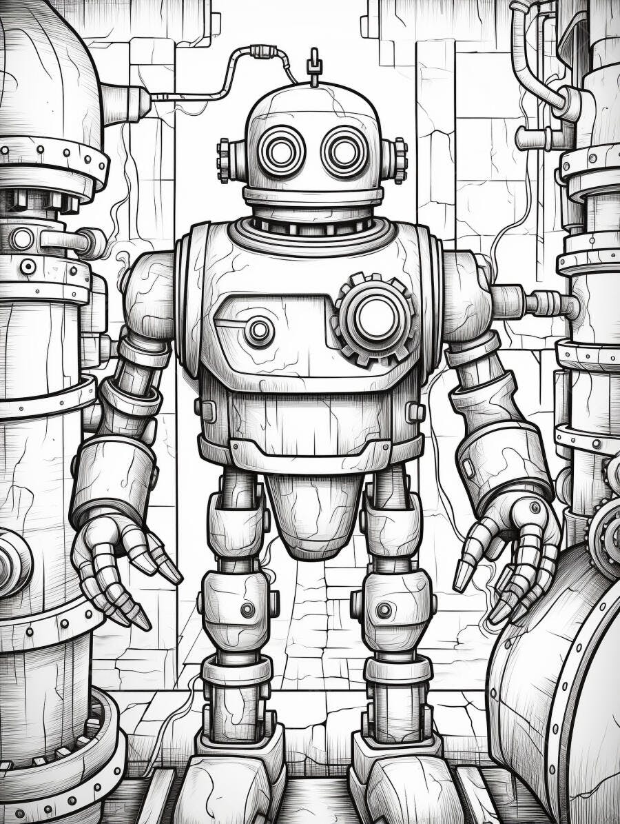 Robô vintage ilustração preta e branca em cenário industrial detalhado