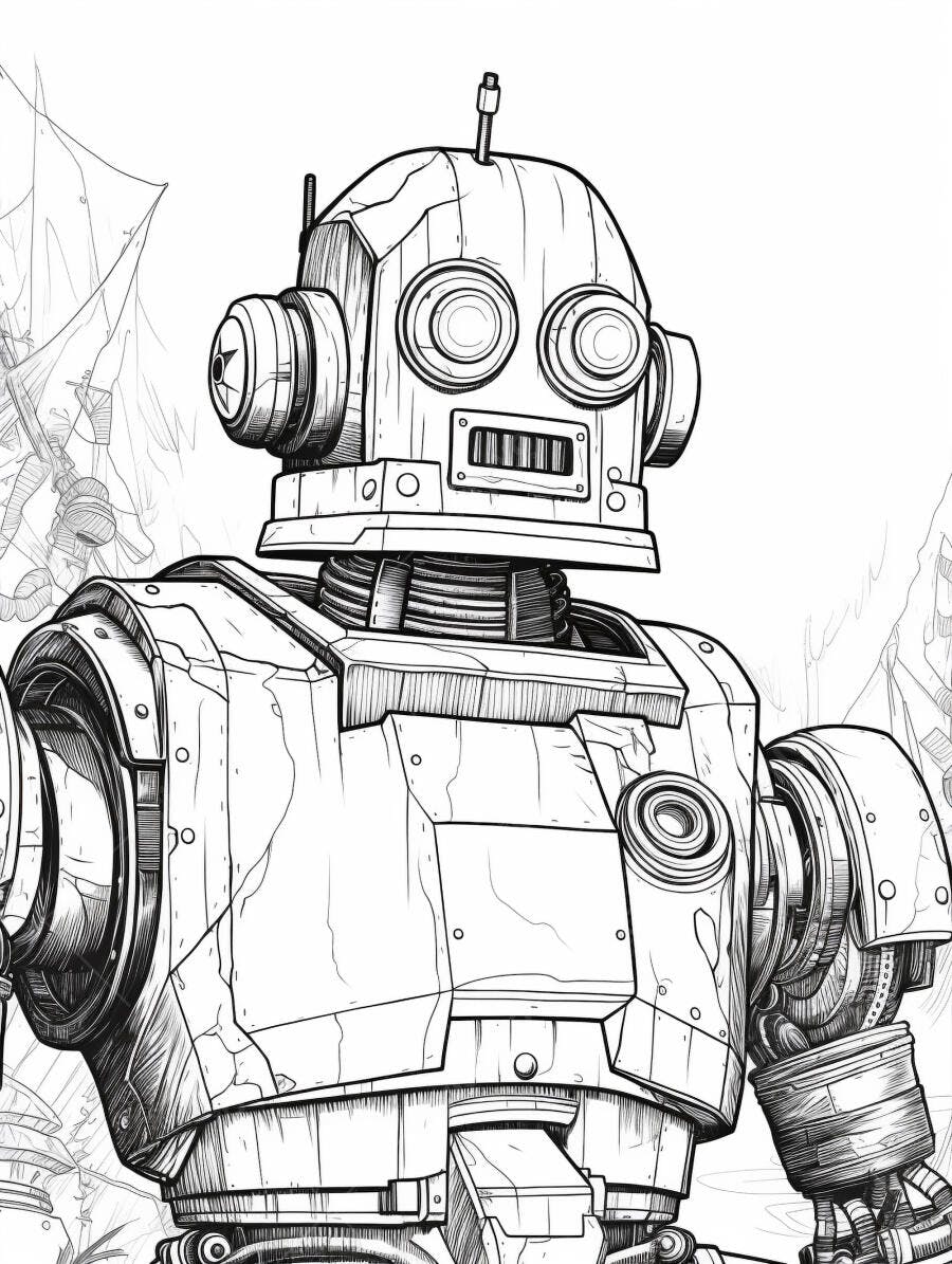 Robô vintage desenhado em linha preto e branco com detalhes mecânicos