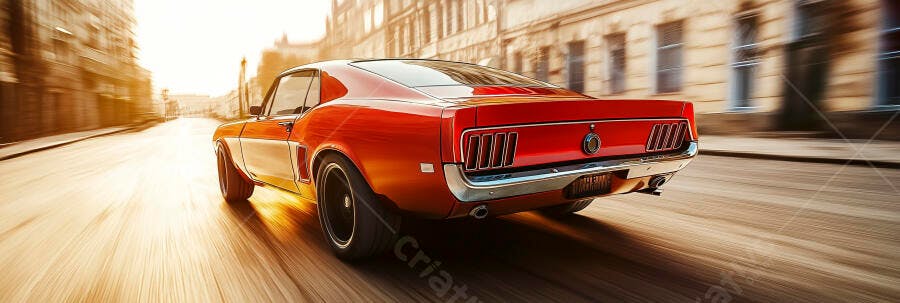 Carro clássico Ford Mustang vermelho em alta velocidade na rua urbana ao pôr do sol