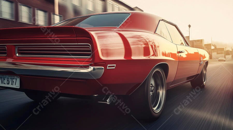Carro muscle vermelho vintage em movimento rápido na cidade ao pôr do sol