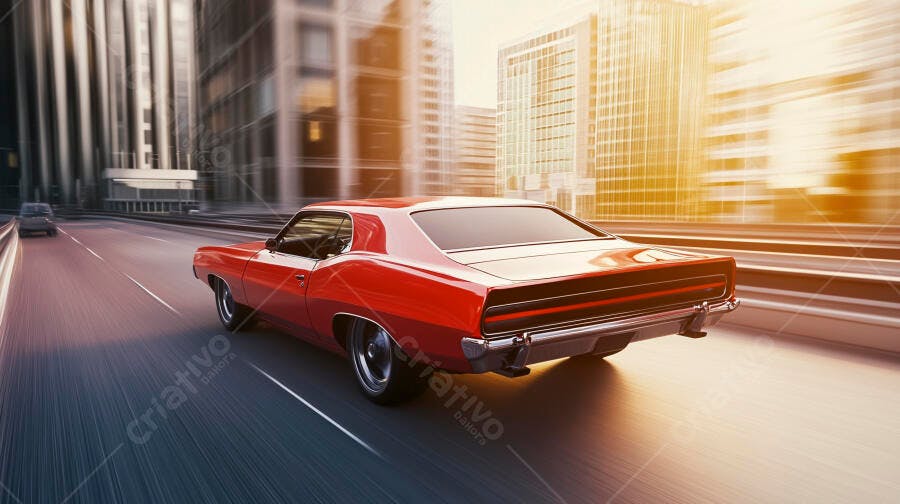 Carro clássico vermelho em alta velocidade na avenida urbana ao pôr do sol
