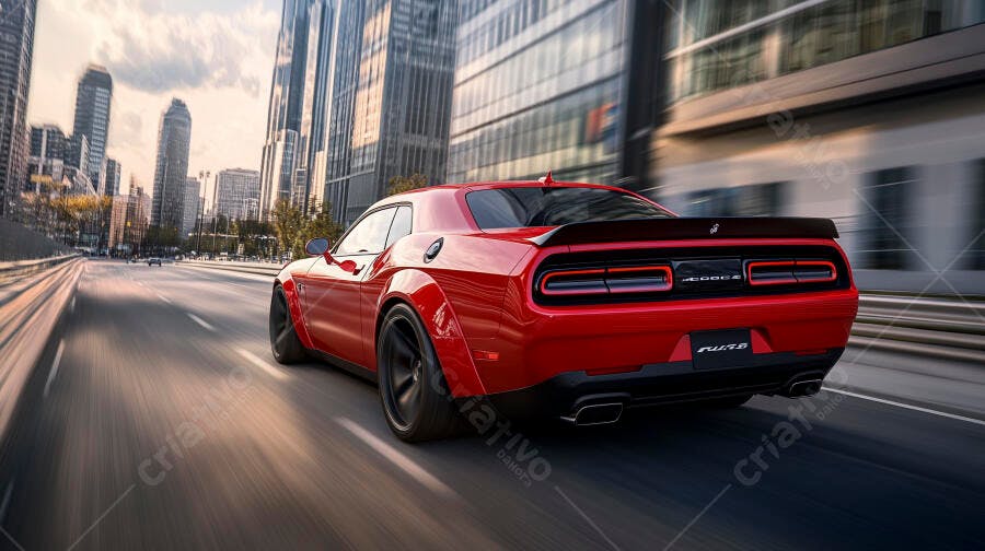 Carro esportivo vermelho em alta velocidade na cidade moderna